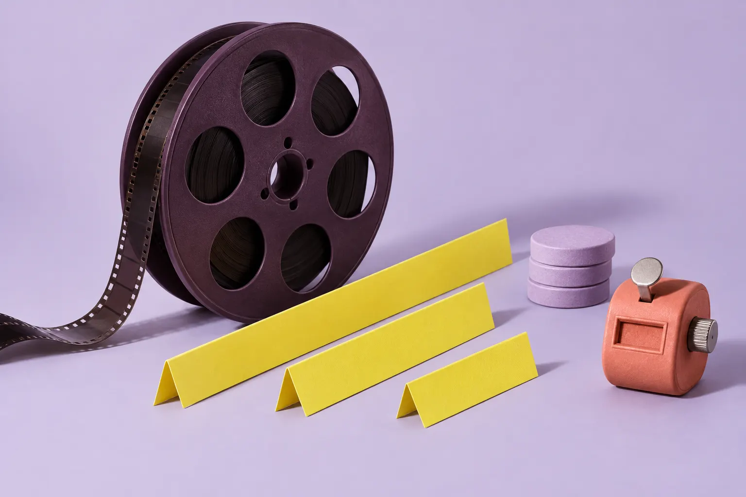 Generated plum film reel with yellow paper and lilac tokens